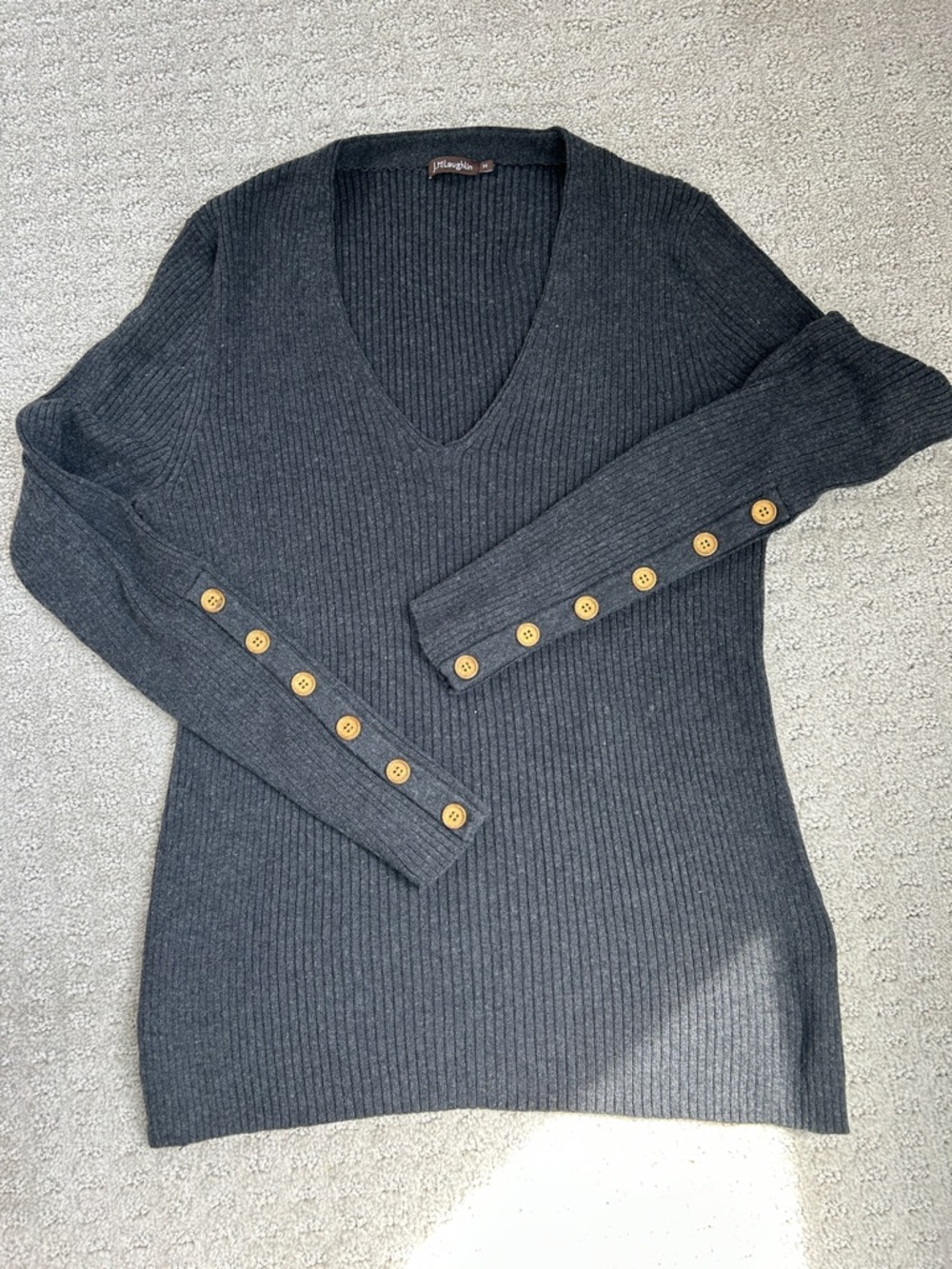 J. McLaughlin Charcoal Ribbed V-Neck Sweater with Button Sleeve Detail